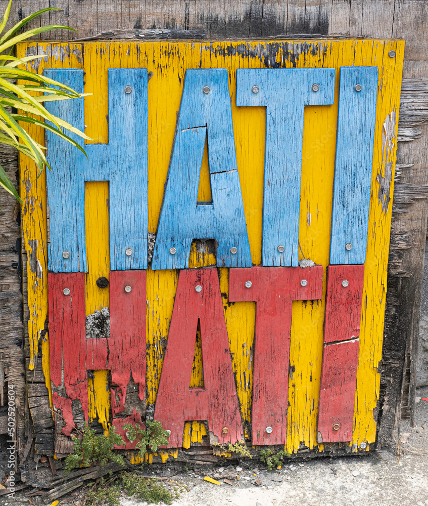 Balinese colorful stained wooden sign with wood cutout letters Hati