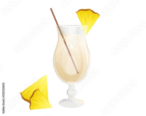 Pina Colada cocktail In a tall glass.Summer tropical cocktail with a slice of pineapple .Vector illustration.