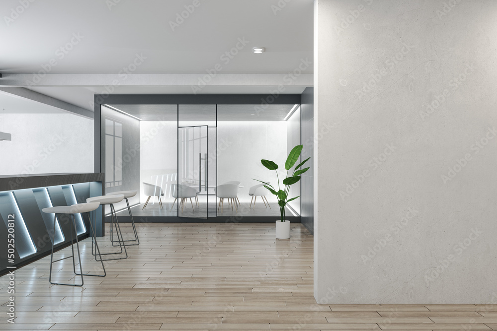 Fototapeta premium Modern concrete and glass office interior with empty mock up place on wall, wooden parquet flooring. Commercial workplace, law and legal concept. 3D Rendering.