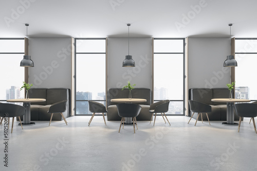 Contemporary concrete cafe interior with furniture and bright city view. Dine in concept. 3D Rendering.