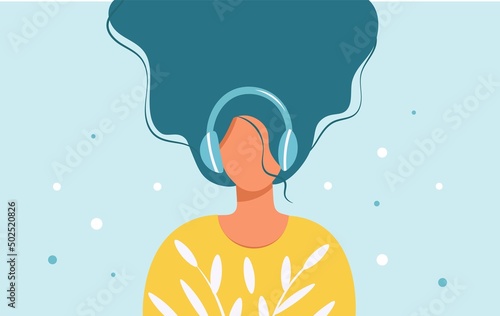 A pretty young woman in headphones listens to her favorite music. The concept of musical pastime, listening to audio, learning in headphones. Vector isolated with a girl in bright clothes. Flat style.