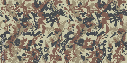 Brown beige camouflage seamless grunge pattern. Modern military camo texture, fashionable fabric. Desert masking color. Stock vector illustration.