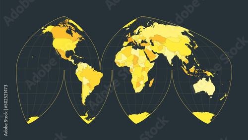 World Map. Bogg's interrupted eumorphic projection. Futuristic world illustration for your infographic. Bright yellow country colors. Charming vector illustration.