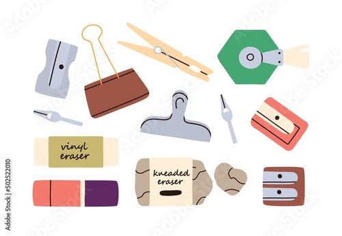 Art and craft supplies set. Stationery items. Pencil sharpener, vinyl and kneaded eraser, pin, clamp, clasp, clothespin, pen tip. Artists stuff. Flat vector illustrations isolated on white background