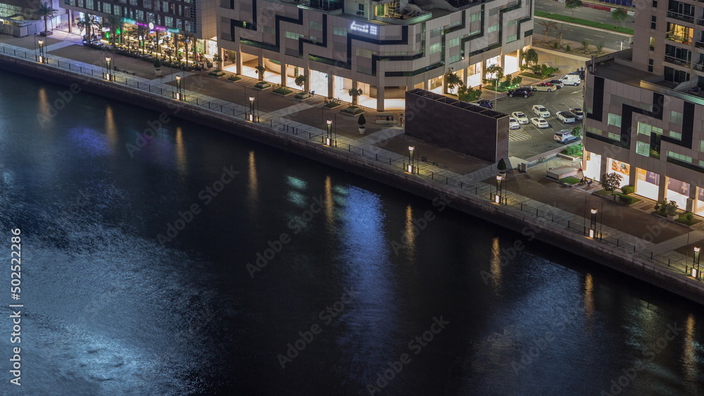 Waterfront at the Business Bay aerial night timelapse in Dubai, United Arab Emirates