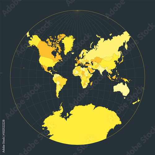 World Map. Lagrange conformal projection. Futuristic world illustration for your infographic. Bright yellow country colors. Radiant vector illustration.