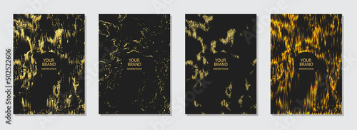 Modern set of holiday covers. Black backgrounds with grungy abstract gold texture of spots, sparkles, splashes. Collection of vertical templates for design and decoration with space for text. ©  swetazwet