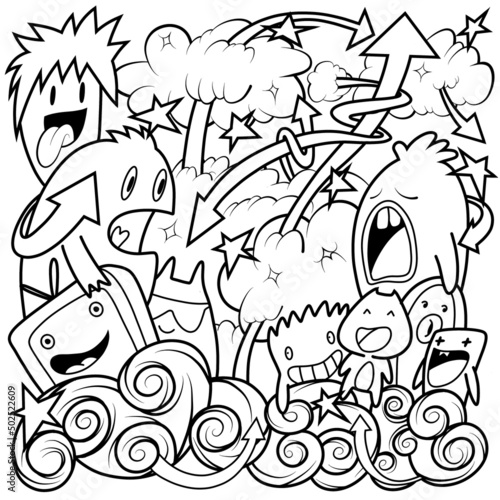 Hand-drawn illustrations  monsters doodle  Hand Drawn cartoon monster illustration Cartoon crowd doodle hand-drawn Doodle style.black and white stripes coloring