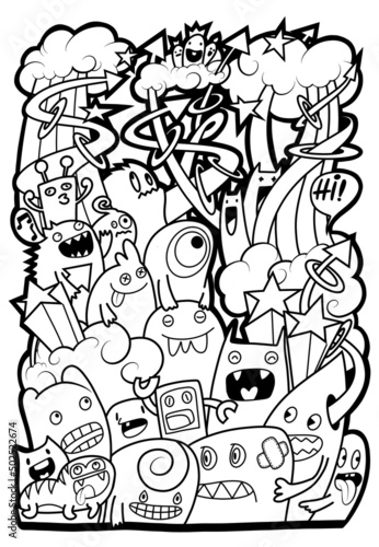 Hand-drawn illustrations  monsters doodle  Hand Drawn cartoon monster illustration Cartoon crowd doodle hand-drawn Doodle style.black and white stripes coloring