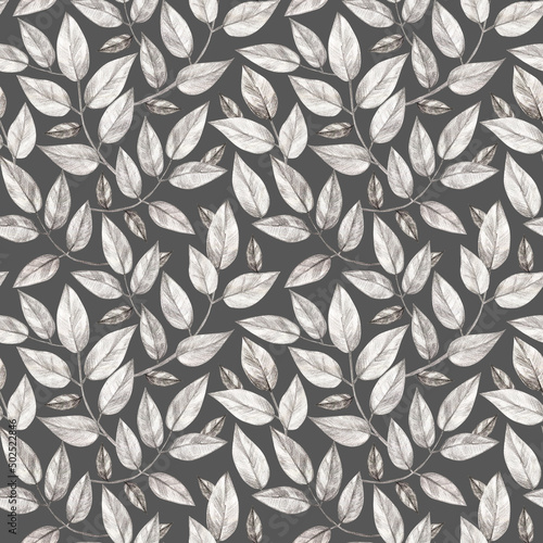 Seamless pattern with leaves. Pencil drawing and watercolor. The print is used for Wallpaper design, fabric, textile, packaging.