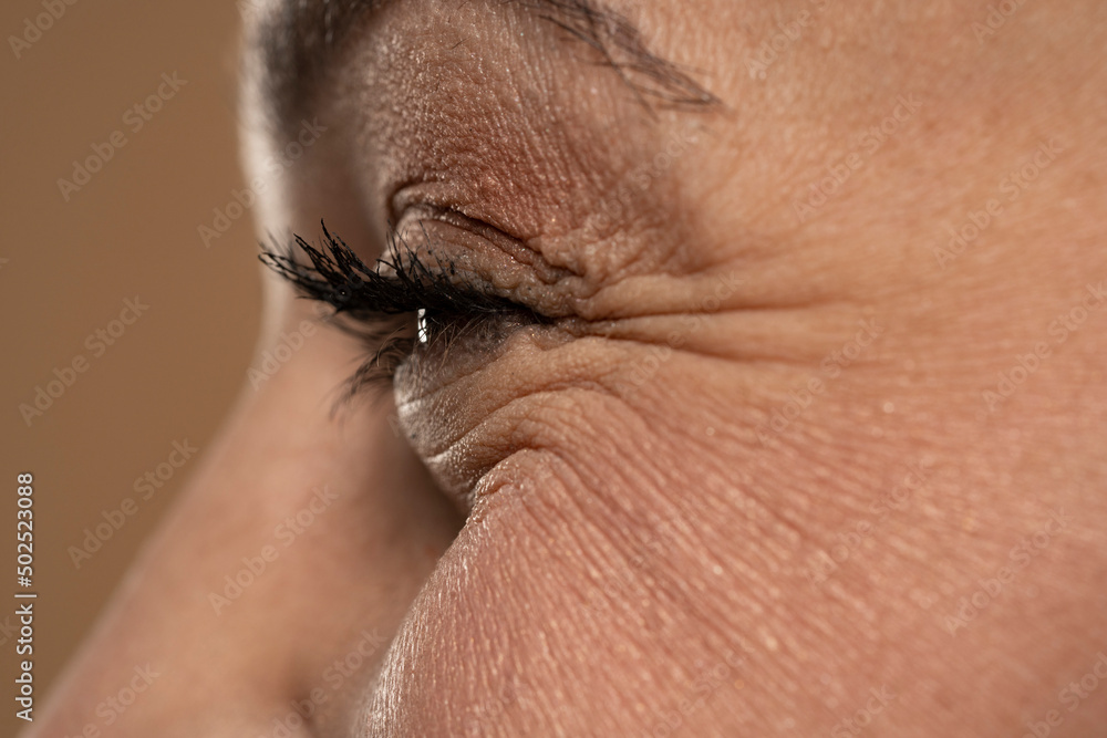 Close up image of smiling female eye wrinkles Close up image of smiling female eye wrinkles