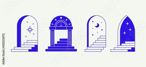 Minimal linear doors staircases. Boho blue mystic line logo signs, bohemian window frames steps. Vector esoteric set