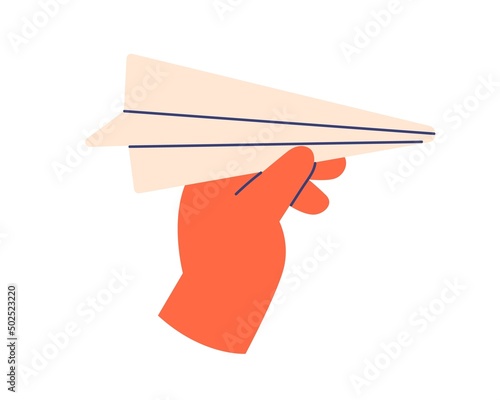 Paper plane in hand icon. Arm holding origami airplane to throw and fly. Star...