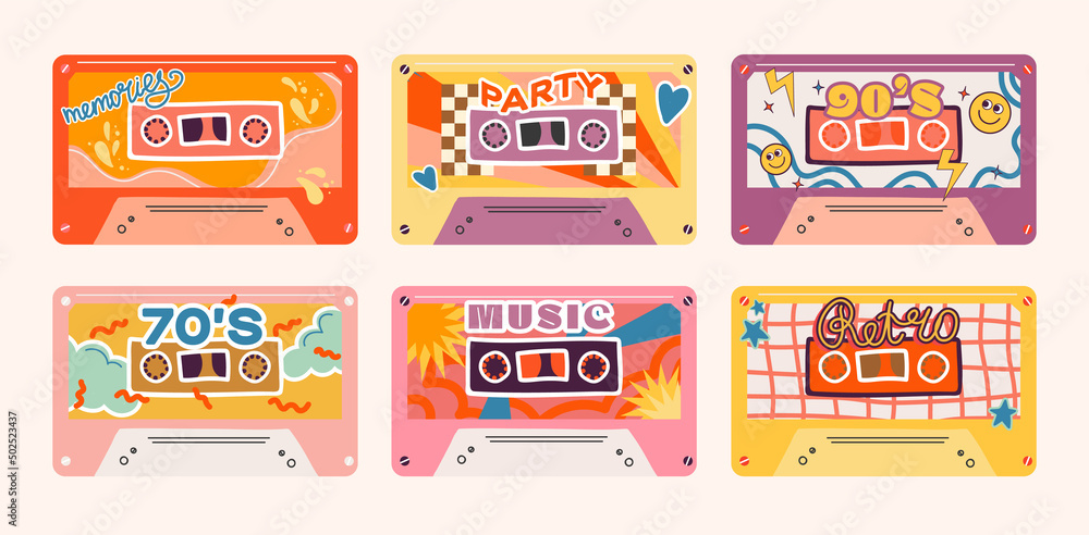 Collection of retro vintage audio cassettes with magnetic tape - hand drawn vector cassettes in 90s,80s,70s style, isolated on light background
