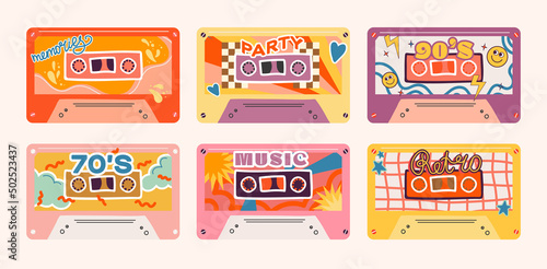 Collection of retro vintage audio cassettes with magnetic tape - hand drawn vector cassettes in 90s,80s,70s style, isolated on light background 