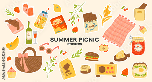 Collection of picnic items. Includes, basket, rug, cakes, pie, radio, cherries, and other desserts. Vector illustration, stickers, concept of summer outdoor dining in cartoon style. on isolated backgr
