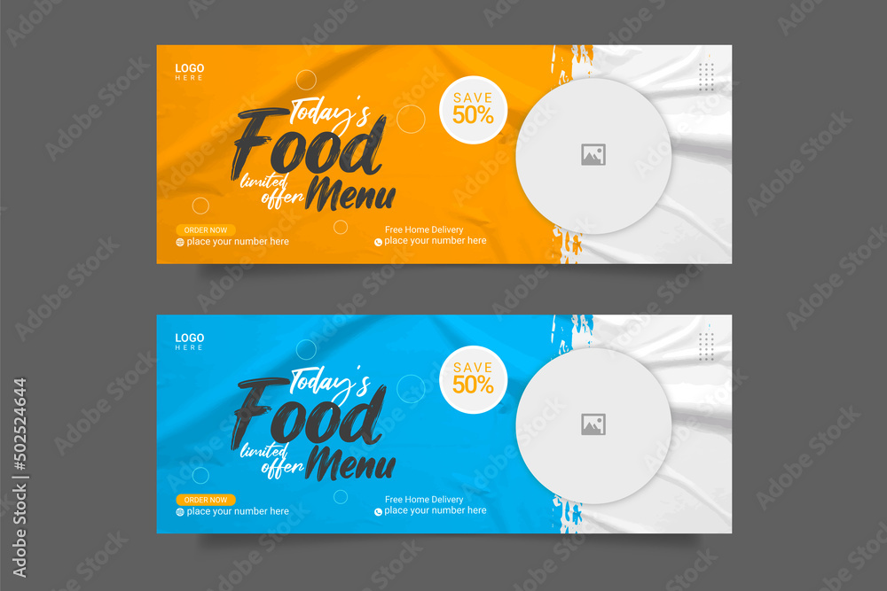 Food social media cover post. restaurant web banner . horizontal advertising web banner . Food  cover header for social media and website advertisement.