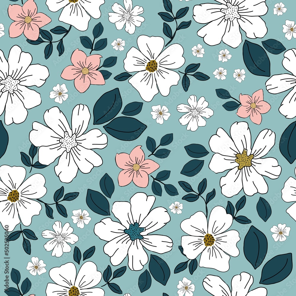 Seamless vintage pattern. White and pink flowers, dark green leaves. Light blue background. vector texture. fashionable print for textiles, wallpaper and packaging.