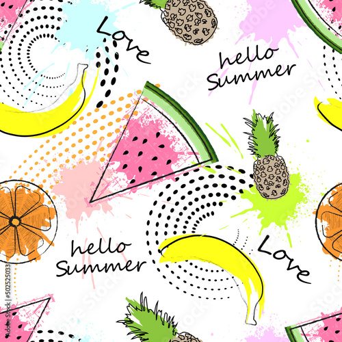 Hello summer. seamless pattern with fruits, blots and geometric elements