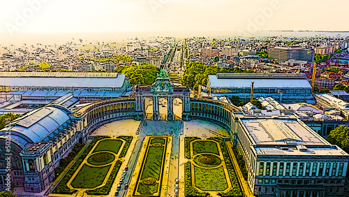 Brussels, Belgium. Park of the Fiftieth Anniversary. Park Senkantoner. The Arc de Triomphe of Brussels (Brussels Gate). Bright cartoon style illustration. Aerial view photo