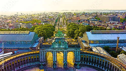 Brussels, Belgium. Park of the Fiftieth Anniversary. Park Senkantoner. The Arc de Triomphe of Brussels (Brussels Gate). Bright cartoon style illustration. Aerial view photo