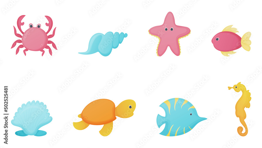 8 fantasy sea animals. Design for kids. Vector illustration