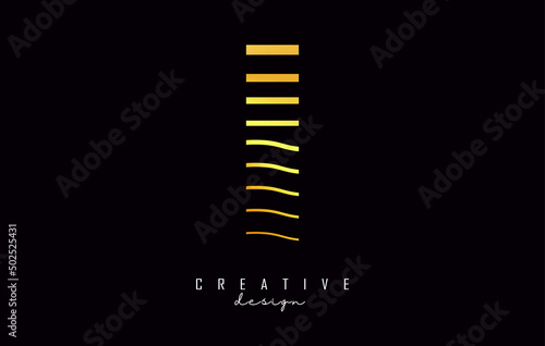 Golden Letter I logo design. Vector illustration with waves lines.