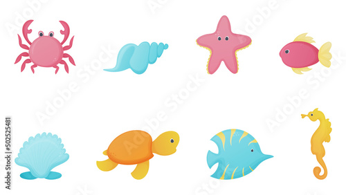 8 fantasy sea animals. Design for kids. Vector illustration