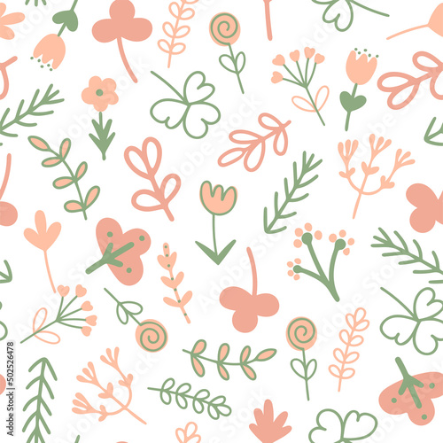 Floral leafy summer seamless pattern. Flowers and herbs background. Flowering template with greenery. Model for fabric  textile  packaging and design vector illustration