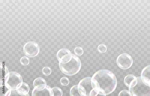 Vector soap bubble. Realistic soap bubble png, glare. Foam bubbles png. Powder, soap, detergent. Vector image.