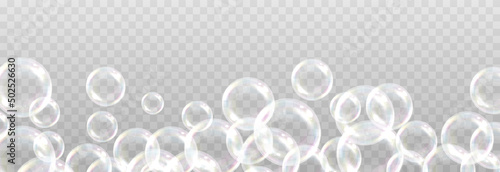 Vector soap bubble. Realistic soap bubble png, glare. Foam bubbles png. Powder, soap, detergent. Vector image.