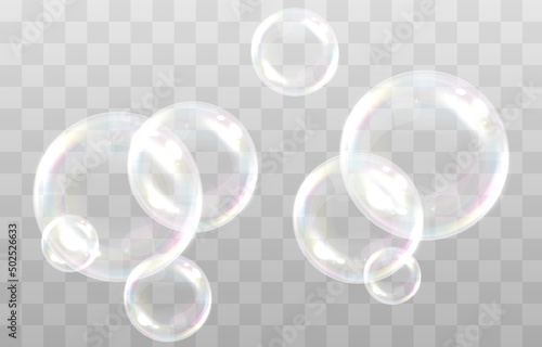 Vector soap bubble. Realistic soap bubble png, glare. Foam bubbles png. Powder, soap, detergent. Vector image.