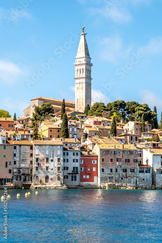 Canvas View at the Old town with Bell tower of Santa Eufemia church in Rovinj, Croatia