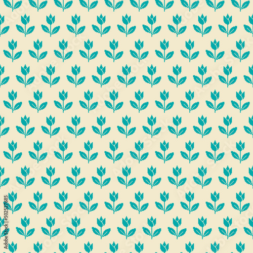 colorful simple vector pixel art seamless pattern of minimalistic persian green and champagne colors abstract blooming tulip flower © George_Chairborn