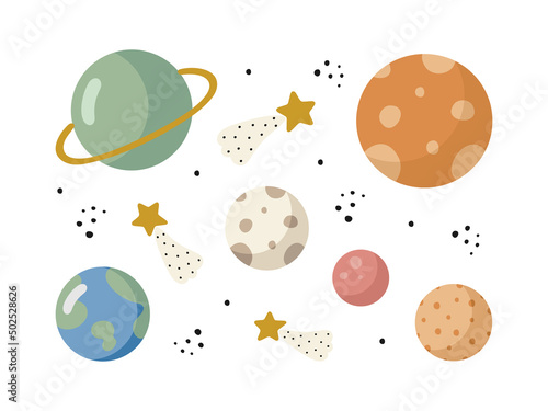Space set. Vector illustration in cartoon style. Planets, stars. For kids stuff, card, posters, banners, children books and print for clothes, t shirt, icons. 