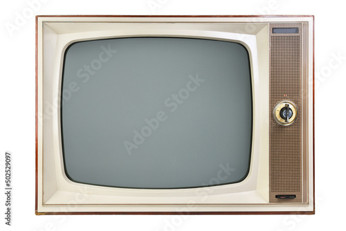 Old vintage TV set from the 1970s isolated on white background. Vintage TVs from the 1960s, 1970s, 1980s, 1990s, 2000s.
