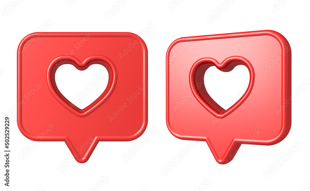 Collection of 3d love like heart social media notification icons isolated on white background minimal conceptual 3D rendering - obrazy, fototapety, plakaty 