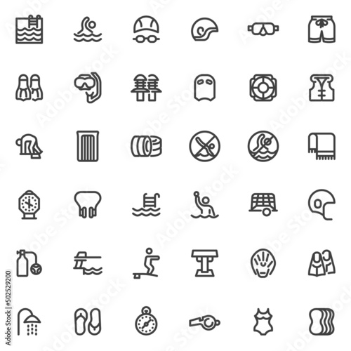 Water sports equipment line icons set
