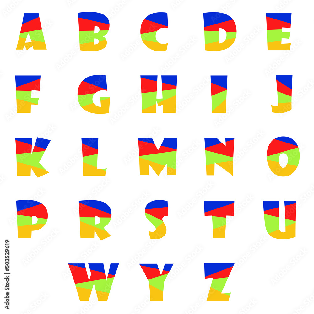 Colorful Alphabet. Letters on white background. Graphic, illustration, text, icon, texture, image.