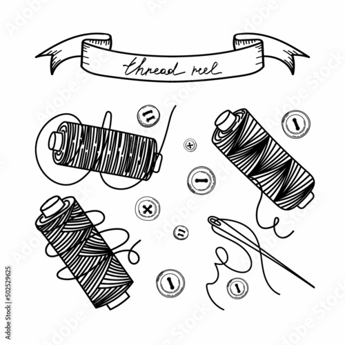 Set of sewing threads, hand-drawn doodles in sketch style. Bobbin of thread. Buttons. Sewing. Needlework. Thread. Vector simple illustration.