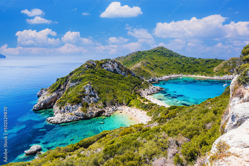 Corfu, Greece. Aerial view of Porto Timoni beach.