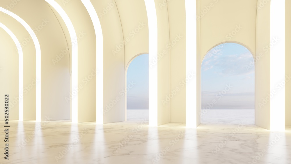 Interior background glowing arched openings in empty room 3d rendering