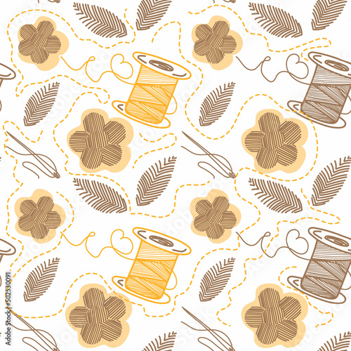 Seamless pattern of thread, needles, and embroidery, hand-drawn doodle elements in sketch style. Sewing thread, needle. Sewing. Embroidery. Flowers and leaves. Handmade. Vector simple illustration.