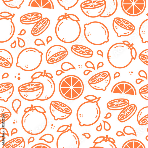 Vector seamless pattern with orange  lemon in outline style. Fruit for package  kitchen design  fabric and textile. Citrus wallpaper