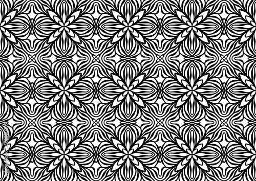 tile with abstract flowers in folk style drawn on a white background for coloring, vector seamless pattern