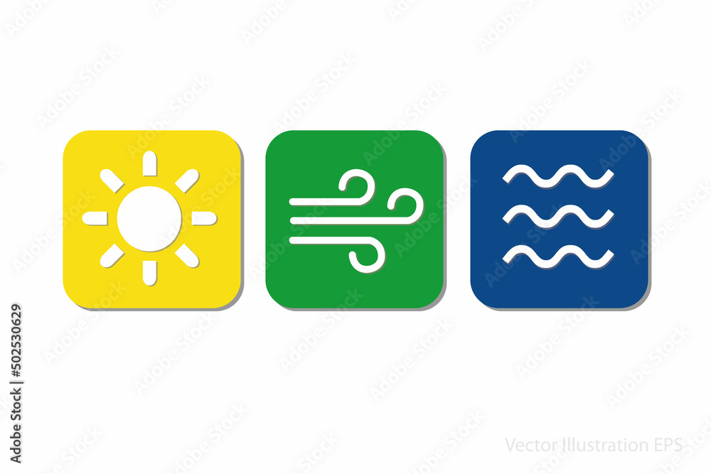 icons of sun, wind and water as examples of renewable energies to stop climate change. vector illustration icons of sun, wind and water as examples of renewable energies to stop climate change. vector illustration