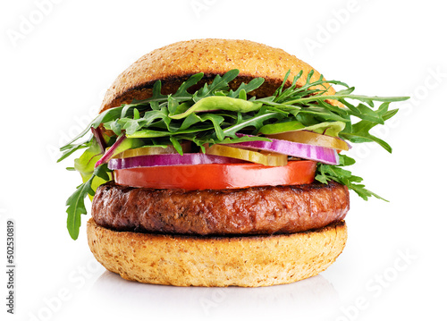 Burger with vegan meat patty isolated on white background. 