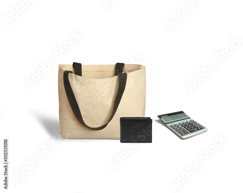 shopping bag and leather wallet. Shopping concept