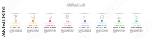 Vector simple infographics. Modern business timeline template with 8 steps and icons. Graphic timeline for app, website, interface, chart, levels, web, diagram, banner, presentations.