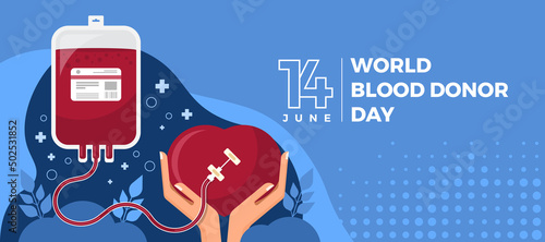 world blood donor day - blood from a blood bag is flowing into a heart that is holding on blue background vector design photo